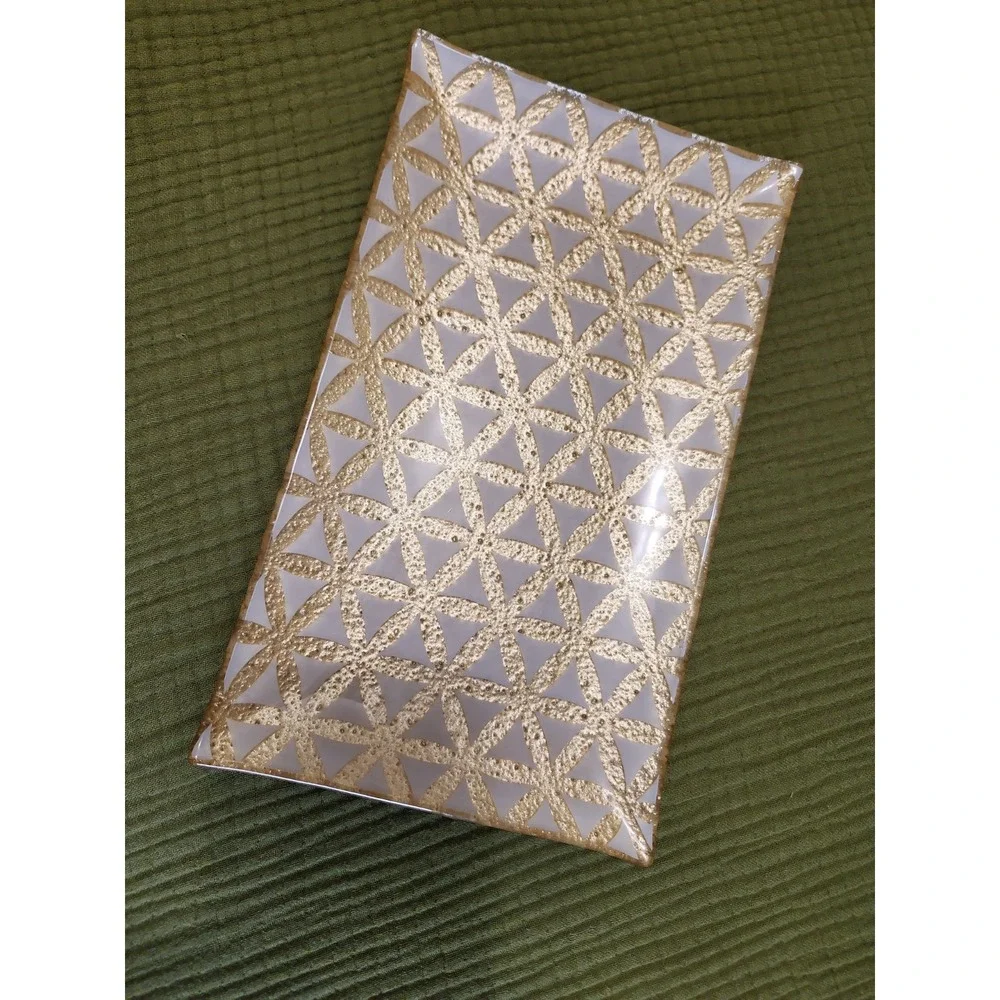Reverse Painted Gold Geometric Glass Vanity Tray 10x6 Flower of Life Design
